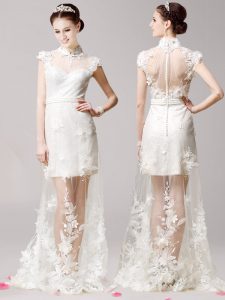White High-neck Neckline Lace and Appliques Evening Dress Cap Sleeves Clasp Handle