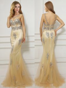 Mermaid Scoop Backless Gold Cap Sleeves Brush Train Beading With Train Evening Dress