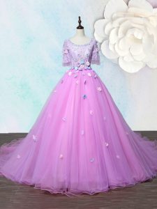 Shining Lilac Scoop Neckline Beading and Appliques Dress for Prom Half Sleeves Lace Up