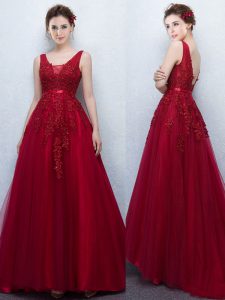 Superior With Train Wine Red Prom Gown V-neck Sleeveless Brush Train Backless