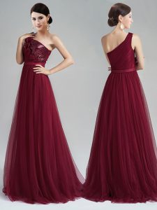 One Shoulder Sleeveless Prom Dresses With Brush Train Appliques and Sequins and Belt Burgundy Tulle