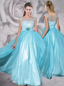 Aqua Blue Chiffon Zipper Evening Dress Cap Sleeves Floor Length Beading and Appliques