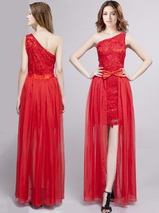 Fashion One Shoulder Sleeveless Zipper Prom Party Dress Red Tulle and Lace