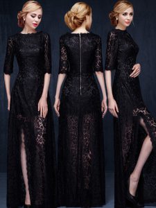 Lace Floor Length Black Homecoming Dress Scoop Half Sleeves Zipper