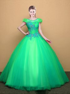 Admirable Floor Length Turquoise Sweet 16 Dresses Scoop Short Sleeves Lace Up