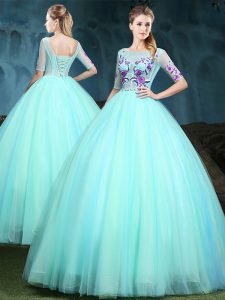 Elegant Tulle Scoop Half Sleeves Lace Up Appliques 15th Birthday Dress in Apple Green