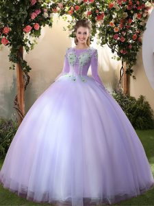 Amazing Lavender Lace Up Scoop Appliques Ball Gown Prom Dress Tulle 3 4 Length Sleeve