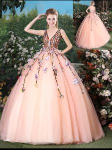 Peach Ball Gowns Tulle V-neck Sleeveless Appliques With Train Lace Up Quinceanera Dresses Brush Train