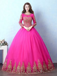 On Sale Fuchsia Scoop Neckline Appliques Quince Ball Gowns Long Sleeves Lace Up