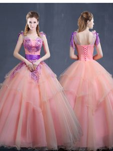 Cheap Sleeveless Floor Length Appliques Lace Up Sweet 16 Dresses with Watermelon Red