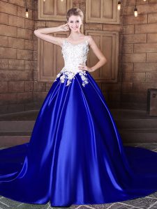 With Train Royal Blue 15 Quinceanera Dress Scoop Sleeveless Court Train Lace Up