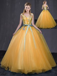 Comfortable Floor Length Ball Gowns Sleeveless Gold Quinceanera Gowns Lace Up