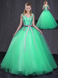 Sleeveless Floor Length Appliques and Belt Lace Up Quinceanera Dress with Turquoise