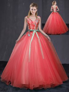 Edgy Floor Length Ball Gowns Sleeveless Coral Red Quinceanera Gown Lace Up