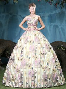Flirting Straps Sleeveless Quinceanera Gown Floor Length Appliques and Pattern Multi-color Tulle