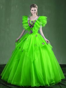 Custom Design Floor Length Ball Gown Prom Dress Organza Sleeveless Appliques and Ruffles