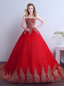 Great Sequins Red Sleeveless Tulle Court Train Lace Up 15th Birthday Dress for Military Ball and Sweet 16 and Quinceaner