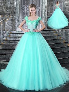 Dramatic Straps Sleeveless Brush Train Lace Up With Train Beading and Appliques Sweet 16 Dresses