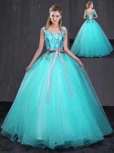 Floor Length Lace Up Sweet 16 Dress Aqua Blue for Military Ball and Sweet 16 and Quinceanera with Appliques and Belt