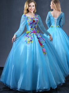 Floor Length Baby Blue Sweet 16 Dress Tulle Long Sleeves Appliques