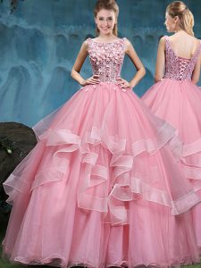 Traditional Scoop Floor Length Lace Up Quinceanera Gown Baby Pink for Military Ball and Sweet 16 and Quinceanera with La