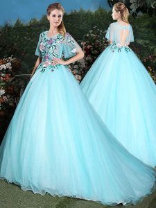Edgy Aqua Blue Ball Gowns Tulle Scoop Half Sleeves Appliques Lace Up Sweet 16 Dresses Brush Train