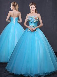 Admirable Strapless Sleeveless Lace Up 15th Birthday Dress Baby Blue Tulle