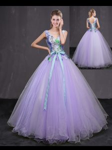 High Class Beading and Belt 15th Birthday Dress Lavender Lace Up Sleeveless Floor Length
