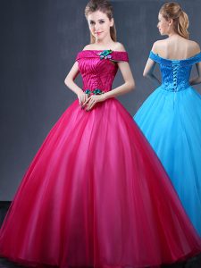 Off the Shoulder Fuchsia Sleeveless Floor Length Beading and Appliques Lace Up Ball Gown Prom Dress