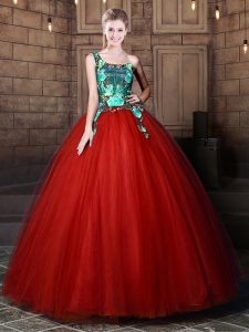 One Shoulder Pattern Quinceanera Dress Rust Red Lace Up Sleeveless Floor Length