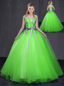 Ball Gowns Sweet 16 Dress V-neck Tulle Sleeveless Floor Length Lace Up