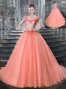 Enchanting Straps Sleeveless Brush Train Lace Up With Train Beading Sweet 16 Quinceanera Dress