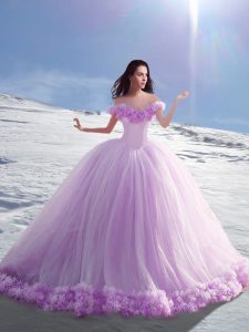 Off the Shoulder Lilac Cap Sleeves Tulle Court Train Lace Up Sweet 16 Dresses for Military Ball and Sweet 16 and Quincea