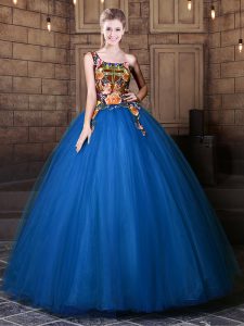 Inexpensive One Shoulder Blue Sleeveless Pattern Floor Length Sweet 16 Dresses