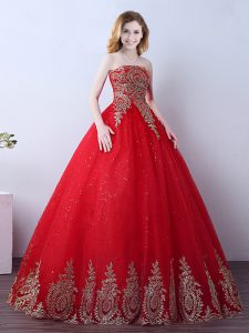 Red Lace Up Strapless Appliques and Sequins Ball Gown Prom Dress Tulle Sleeveless