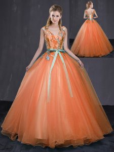 Beauteous Orange Sleeveless Beading and Belt Floor Length Ball Gown Prom Dress