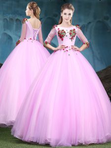 Ideal Tulle Scoop Half Sleeves Lace Up Appliques Quinceanera Gowns in Baby Pink