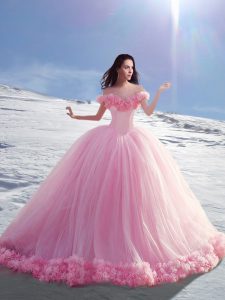 Off the Shoulder Cap Sleeves Hand Made Flower Lace Up Ball Gown Prom Dress with Rose Pink Court Train
