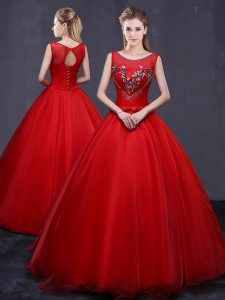 Latest Red Ball Gowns Scoop Sleeveless Tulle Floor Length Lace Up Beading and Embroidery Sweet 16 Dress