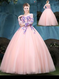 High Quality Scoop Long Sleeves 15th Birthday Dress Floor Length Appliques Baby Pink Tulle