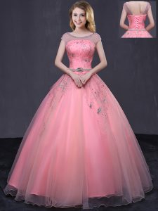 Customized Scoop Watermelon Red Cap Sleeves Floor Length Beading and Belt Lace Up Ball Gown Prom Dress