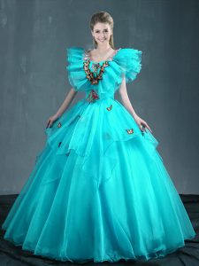 Aqua Blue Organza Lace Up Sweet 16 Quinceanera Dress Sleeveless Floor Length Embroidery