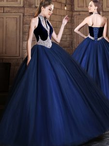 Fancy Halter Top Sleeveless Lace Up Sweet 16 Quinceanera Dress Navy Blue Tulle