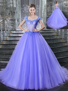 Discount Straps Sleeveless Tulle With Brush Train Lace Up 15 Quinceanera Dress in Lavender with Beading