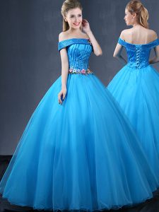 Captivating Off the Shoulder Sleeveless Beading and Appliques Lace Up Ball Gown Prom Dress