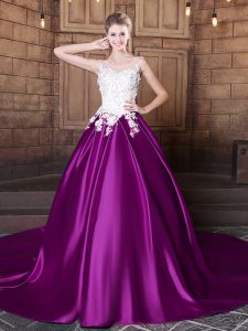 Stylish Eggplant Purple Ball Gowns Scoop Sleeveless Elastic Woven Satin With Train Court Train Lace Up Lace and Applique