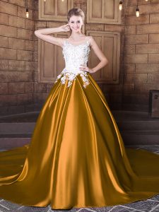 Scoop Floor Length Gold 15th Birthday Dress Elastic Woven Satin Court Train Sleeveless Lace and Appliques