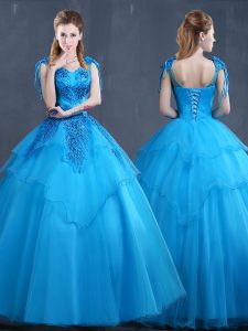 Sleeveless Tulle Floor Length Lace Up 15 Quinceanera Dress in Baby Blue with Appliques