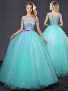 Cute Scoop Aqua Blue Lace Up Quinceanera Dresses Appliques and Belt Sleeveless Floor Length
