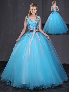 Custom Made Blue V-neck Lace Up Appliques and Belt Ball Gown Prom Dress Sleeveless